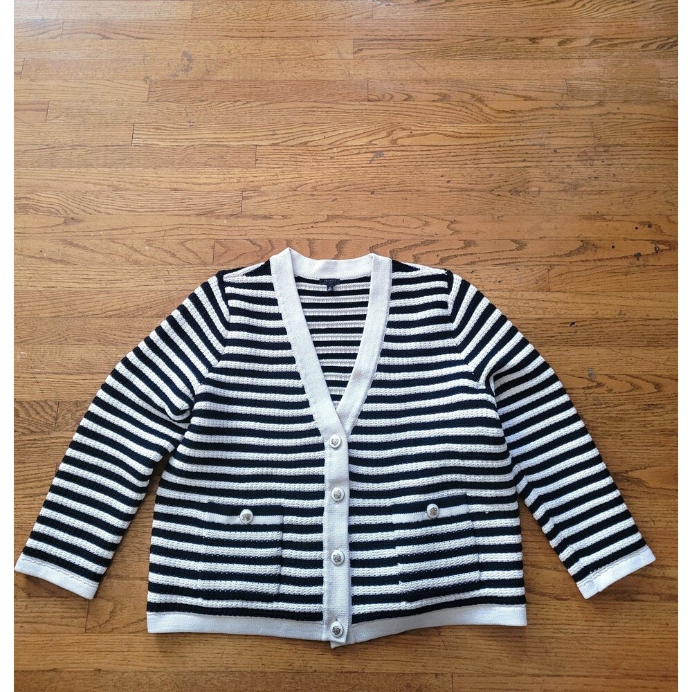 Talbots Plus Patch Pocket Chunky Knit Gold Button Striped Cardigan Size 2X